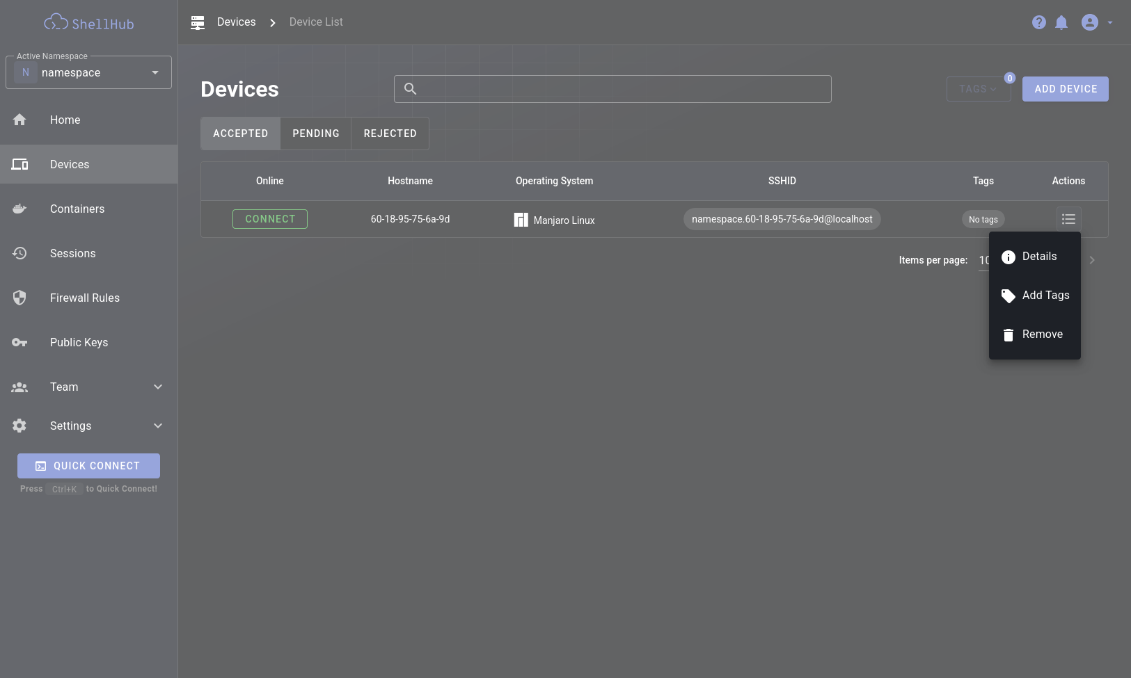 Device's list with actions opened